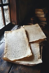 A stack of aged, handwritten manuscripts resting on a wooden surface near a window.