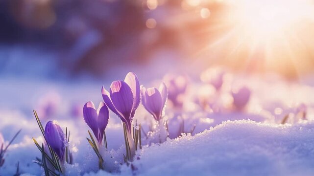 Purple crocuses emerge from a blanket of snow as sunlight filters through creating a serene and uplifting atmosphere during springtime. Nature reveals its beauty after winter.