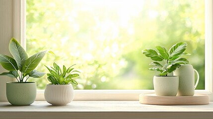 Fototapeta premium Three potted plants on windowsill, sunlight.