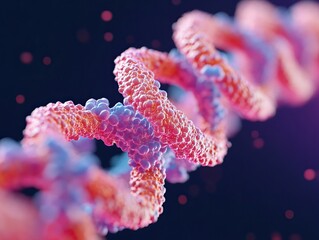 A vibrant, abstract representation of DNA, showcasing a twisted double helix structure with colorful molecular details against a dark background.