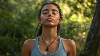 Fitness, woman and yoga breathing in relax for spiritual wellness, mental wellbeing or calm exercise in nature. Female relaxing, exercising and training in warm up breath activity for healthy workout
