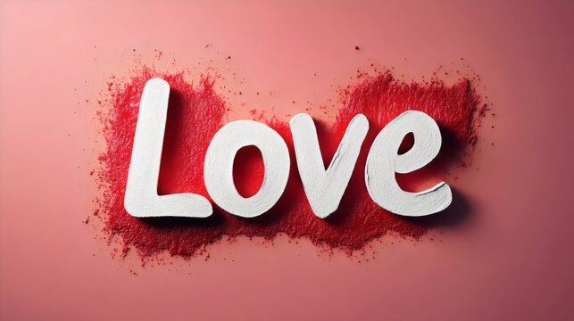 “Love” in bold white letters on a splattered pink background