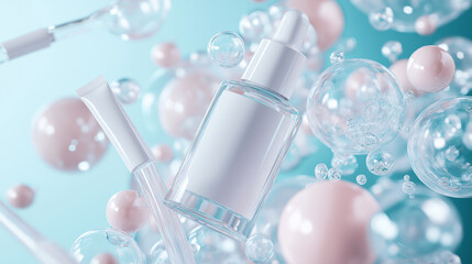 Transparent glass bottle with white label of skin care product, surrounded by transparent tubes and bubbles in an industrial laboratory setting on pink and blue tones