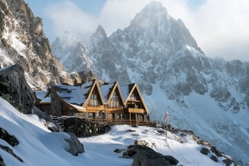Beautiful mountain lodge surrounded by peaks and snow in winter