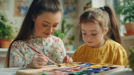Fototapeta premium Girl with Down syndrome choosing watercolor paint from palette with brush during individual art class with young teacher at home