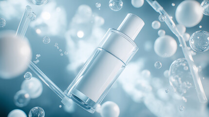 Transparent glass bottle with white label of skin care product, surrounded by transparent tubes and bubbles in an industrial laboratory setting on pink and blue tones