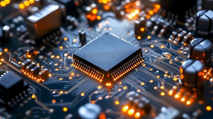 Intricate Electric Circuit Board with Glowing Chips and Components in Dark Setting with Warm Lighting Effects