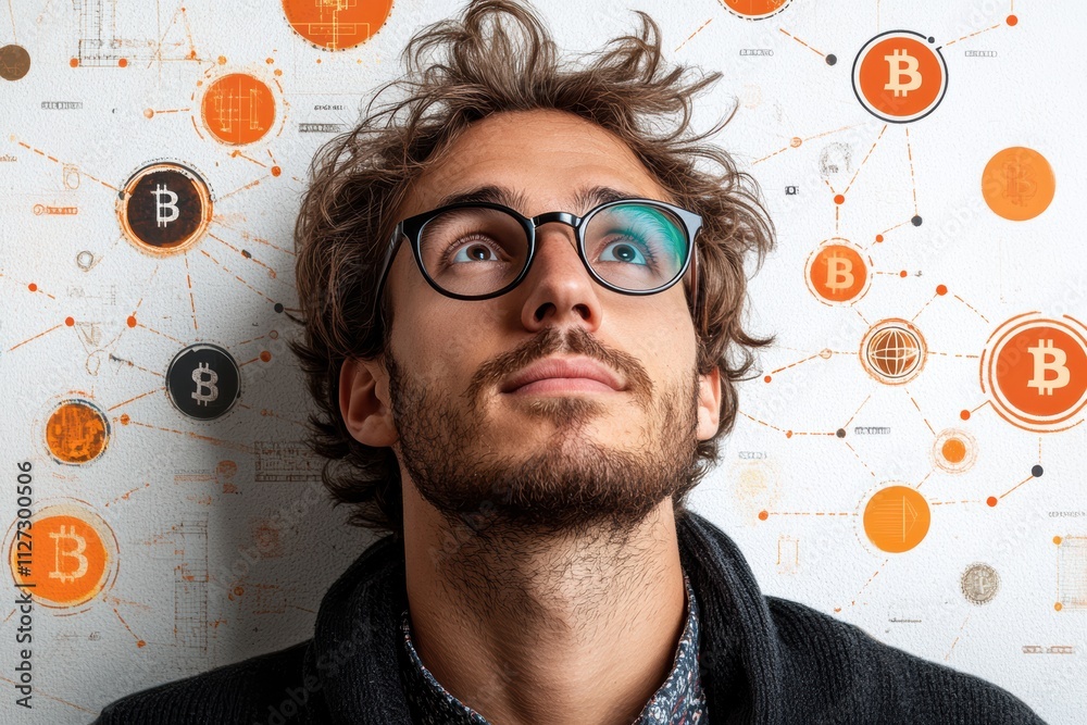 Poster Professional man surrounded by digital currency symbols, creating a bold and dynamic visual narrative.