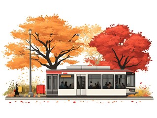 Obraz premium Autumn Tram Passengers Waiting Fall Colors