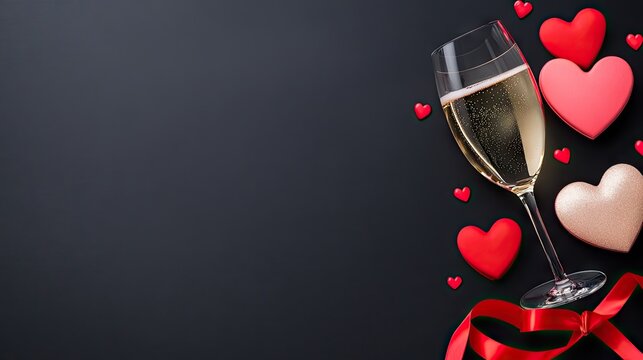 Elegant champagne glasses sit beside red and pink hearts, adorned with a red ribbon on a dark table. Perfect for celebrating love on Valentine's Day with a romantic setting