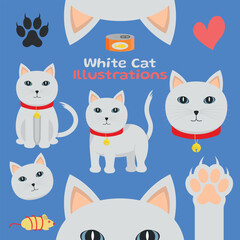White Cat - Cute Illustrations in Different Poses, Sitting, Side, Head, Paw and Ears. Cartoon in Flat Design.