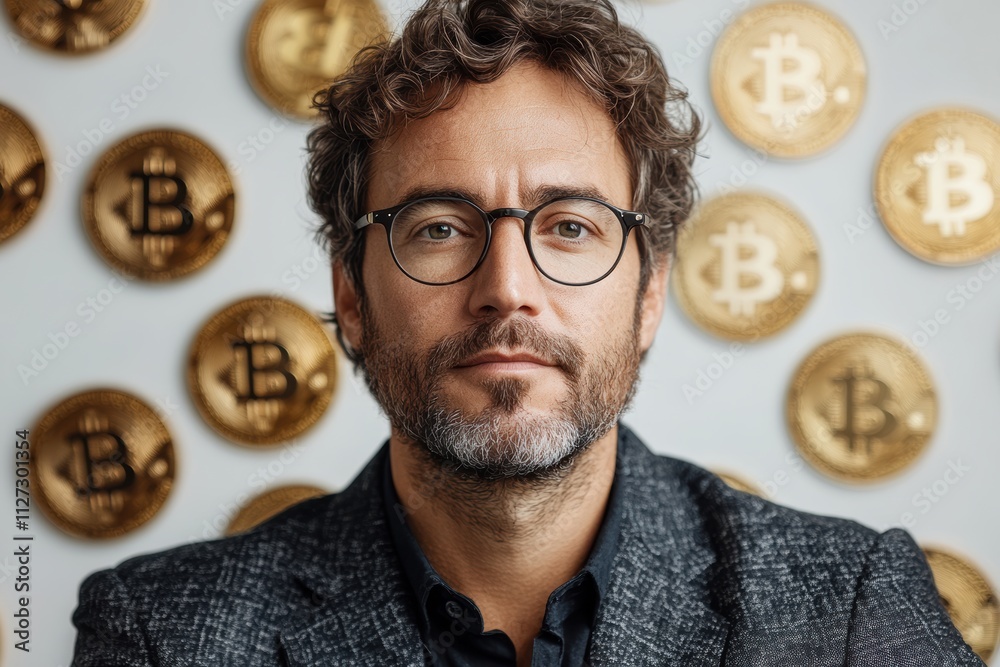 Poster Professional man surrounded by digital currency symbols, creating a bold and dynamic visual narrative.