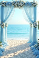 Romantic Beach Wedding Ceremony Setup with Blue Floral Arch and Sheer Drapes
