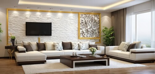 Fototapeta premium modern creative living room interior design backdrop ideas concept house beautiful background elevation of sofa with decorative photo paint frame full wall background