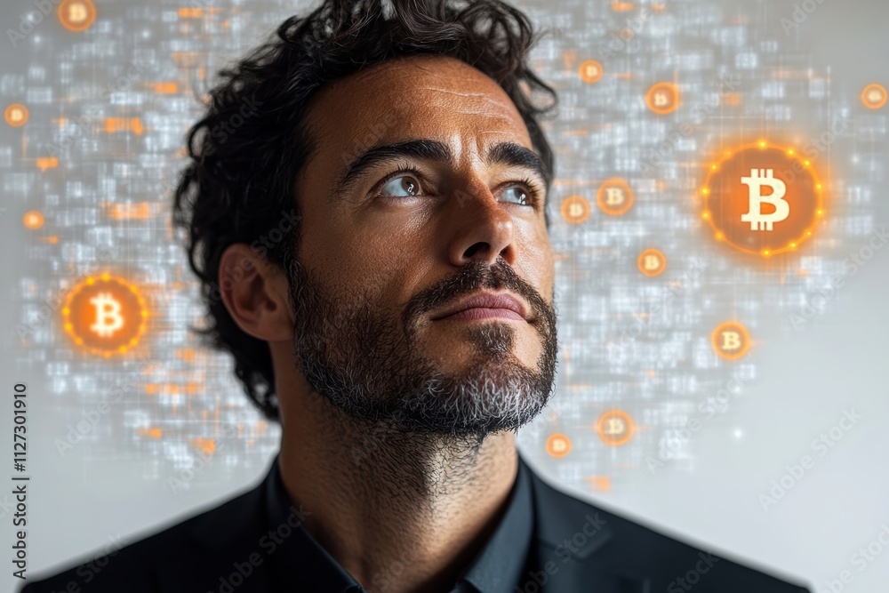 Aufkleber Professional man surrounded by digital currency symbols, creating a bold and dynamic visual narrative.