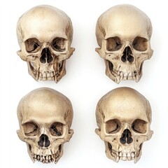 4 skulls, front view, isolated on white background