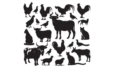 Farm Animals Silhouette Collection with Horse, Dog, Cow, Pig, Elephant, Bull, Goat, Sheep, Cat, Chicken, Deer, Duck and More