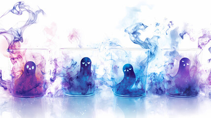 Ethereal halloween themed drinkware with ghostly silhouettes and glowing wisps on white background. Etherea. Illustration