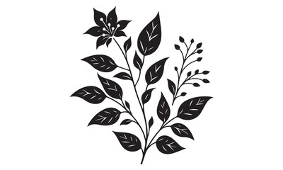 Black and white floral vector illustration of a lily flower with swirling leaves, perfect for nature-inspired design and decor