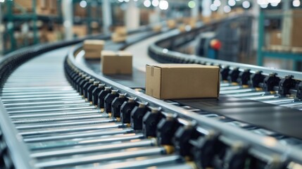 Obraz premium Cardboard boxes moving along a conveyor belt in a bustling distribution warehouse illustrate the efficiency of modern logistics and automated delivery systems in action