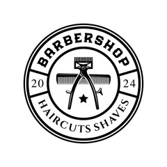 Barbershop logo sign badge vector isolated. Vintage barbershop logo with retro style vector template. Design element for barber shop, haircut's salon