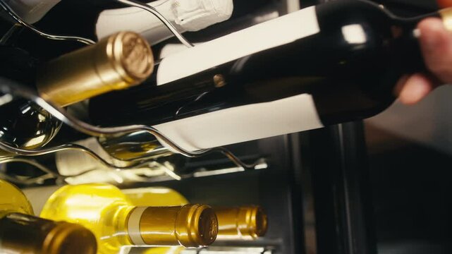 Storing bottles of wine in fridge, white and red wines in cooler. Alcoholic card in restaurant or at home storage, shop supermarket. Cooling and preserving wine and cava champagne..