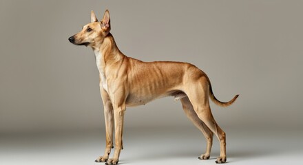 Obraz premium Graceful tan dog with sleek coat posed against neutral grey background