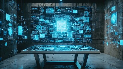 Futuristic data center with holographic displays showing complex information and a central interactive table.