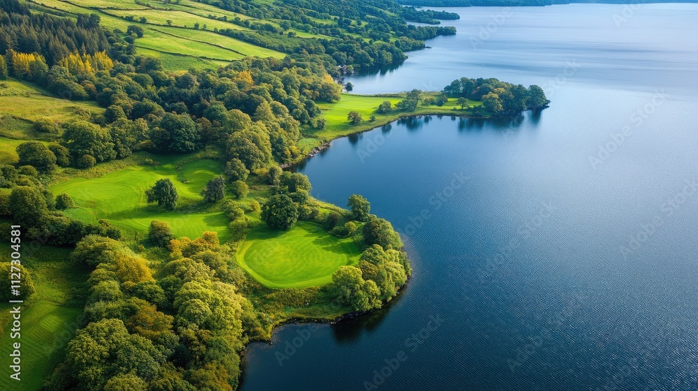Poster aerial view of a serene loch surrounded by lush greenery and calm waters reflecting a tranquil lands