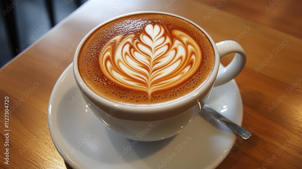 Poster Artisan coffee with intricate latte art in a white cup on a wooden table showcasing rich colors and inviting texture.
