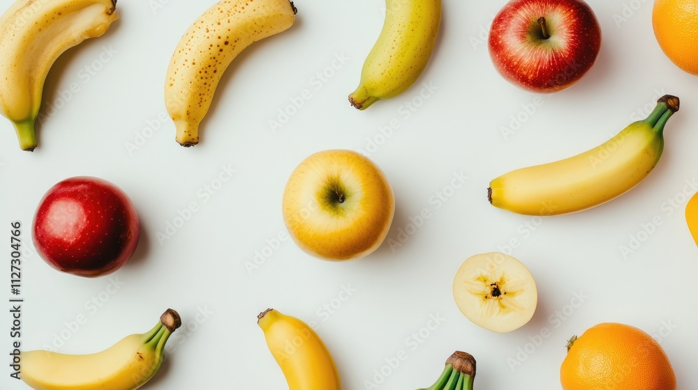 Poster Colorful assortment of bananas apples and oranges arranged on a white background creating a vibrant fruit display for healthy living concepts