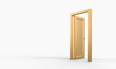 Slightly open golden door on a white background