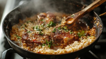 Delicious Mutton Biryani simmering with aromatic spices and tender meat blended with fluffy rice in a traditional cooking pot