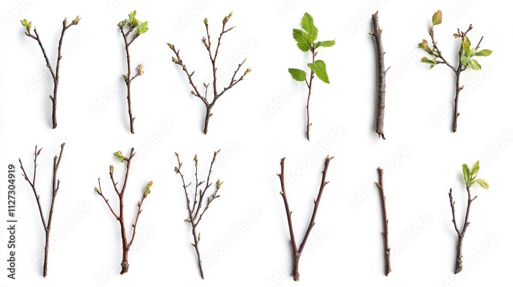 Poster diverse collection of tree branches with leaves arranged against a clean white background for nature