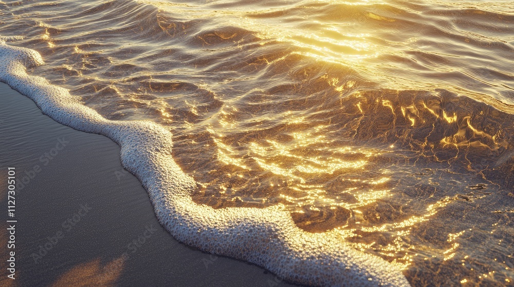 Poster golden sunlight reflections on calm baltic sea waves at sunset with sand dunes in the background cre