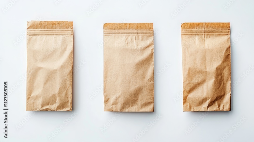 Poster brown paper bags in a row isolated on a clean white background for packaging and product presentatio