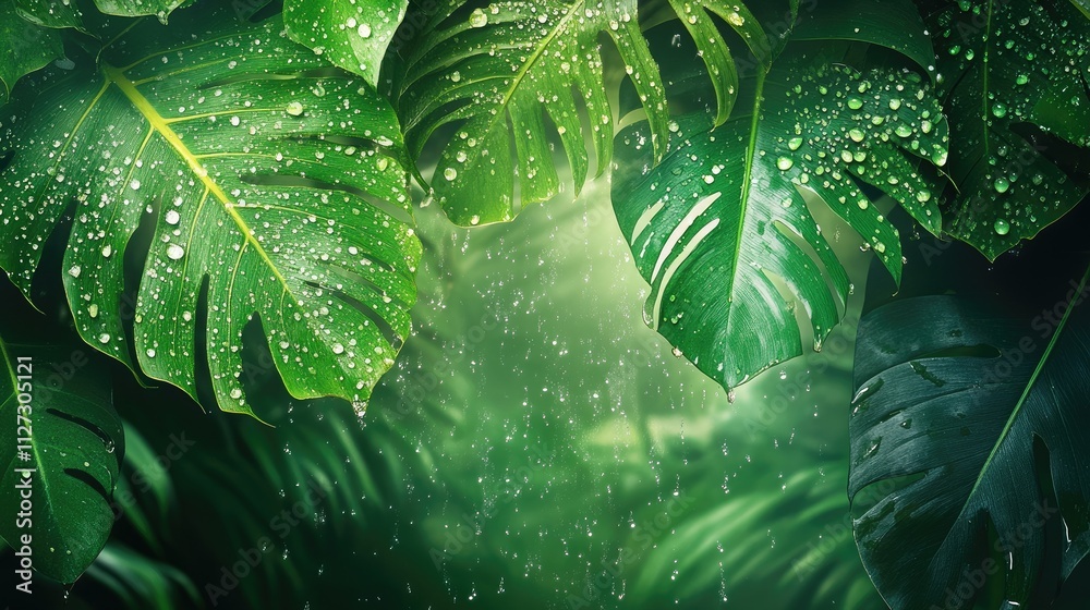 Poster lush tropical ivy leaves with raindrops creating a serene nature background in vibrant green hues an