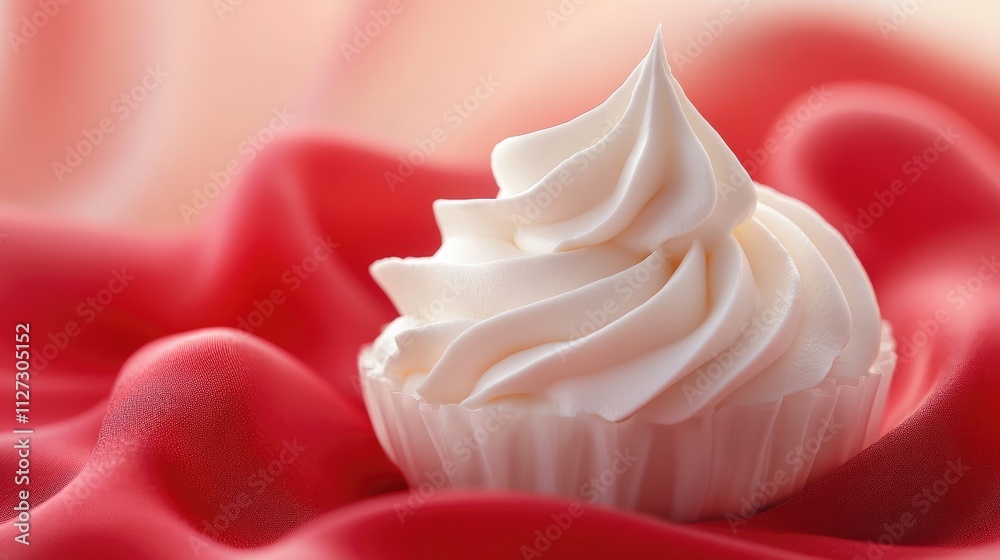 Poster elegant white meringue dessert placed on a vibrant red napkin showcasing texture and color contrast 