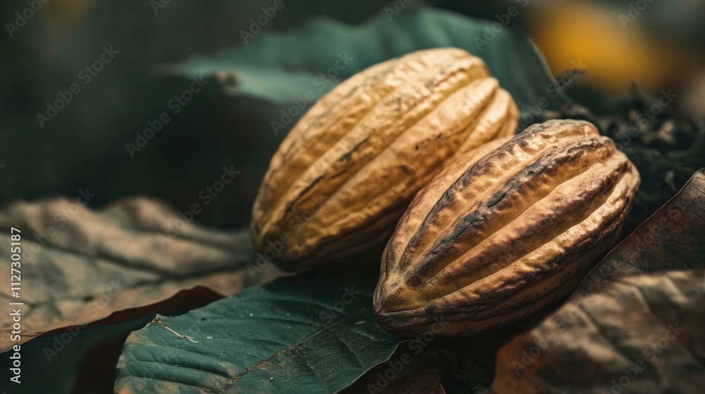 Poster cacao pods resting on green leaves showcasing their textured exterior and natural environment in a c