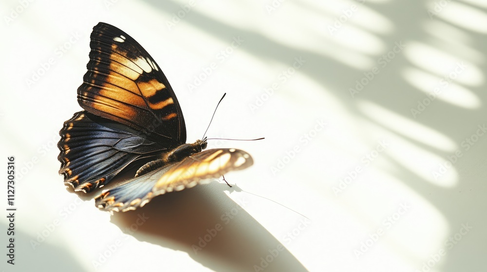 Aufkleber Butterfly perched gracefully on a light surface displaying vibrant colors and intricate patterns with soft shadow play in the background