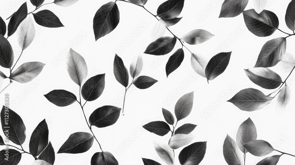 Poster monochrome foliage texture featuring black and white leaves arranged artistically on a clean backgro