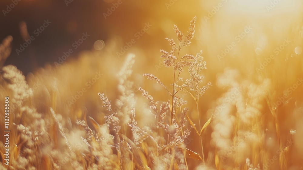 Poster autumn landscape with golden cornfield and dried grass illuminated by warm sunlight close-up shallow