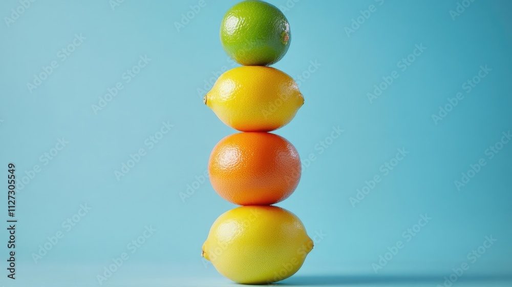 Aufkleber Pyramid of citrus fruits lemon grapefruit lime orange balanced on a table against a blue background with ample copy space