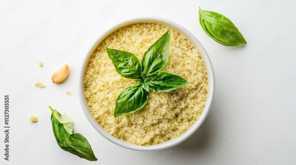 Aufkleber granulated garlic and basil in a white bowl with fresh basil leaves arranged on top against a bright