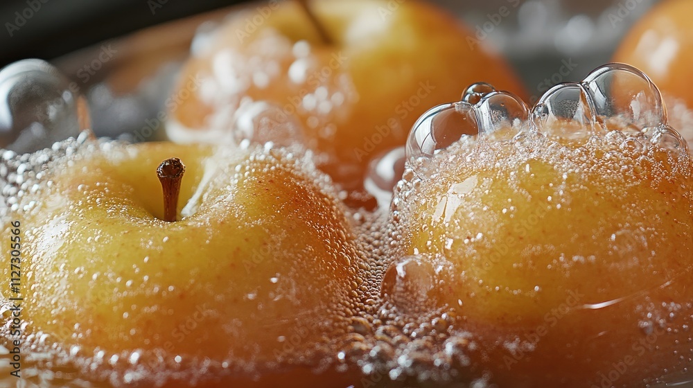 Aufkleber Fresh apples submerged in sparkling water with bubbles creating a vibrant and refreshing visual appeal.