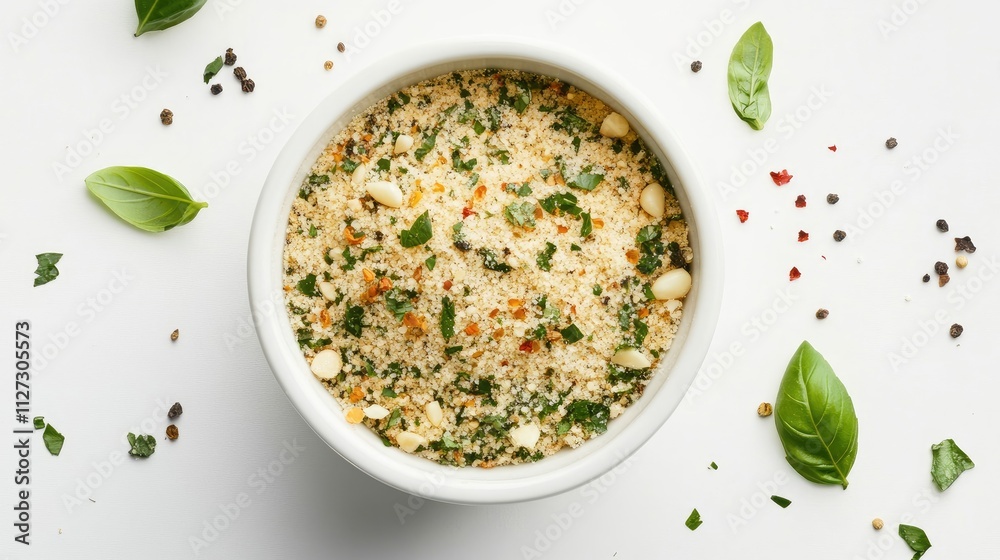 Poster bowl of granulated dry garlic and basil with scattered herbs on a white background viewed from above