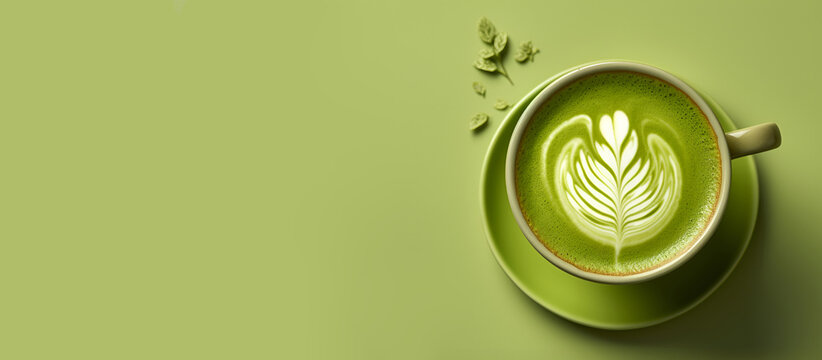 Green matcha latte with leaf art and leaves on green background