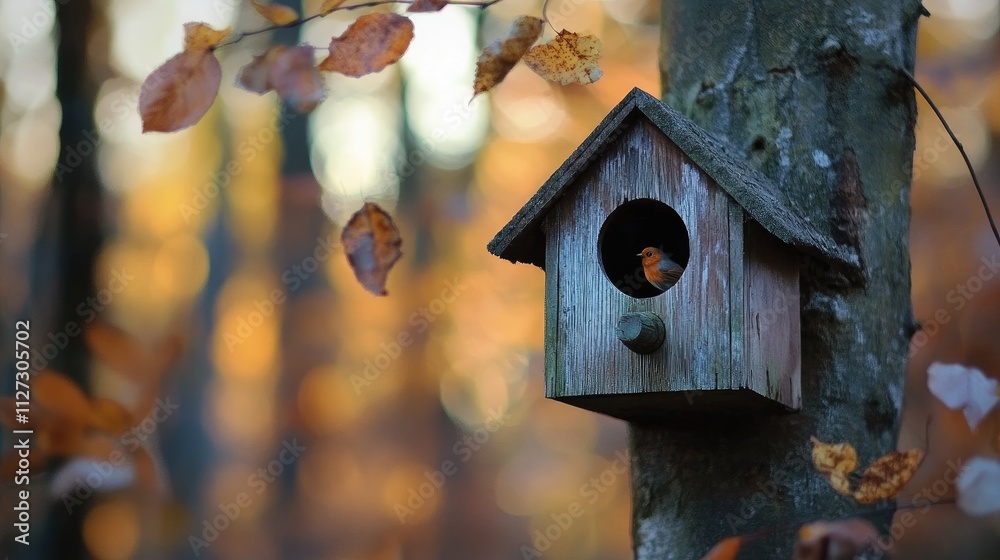 Poster Birdhouse hanging on a tree surrounded by autumn foliage in a serene forest setting with a blurred background of colorful leaves