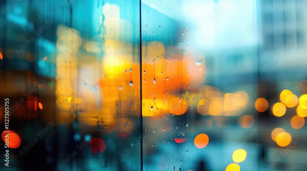 Poster abstract blurred glass wall with urban reflections and colorful bokeh lights in a modern cityscape d