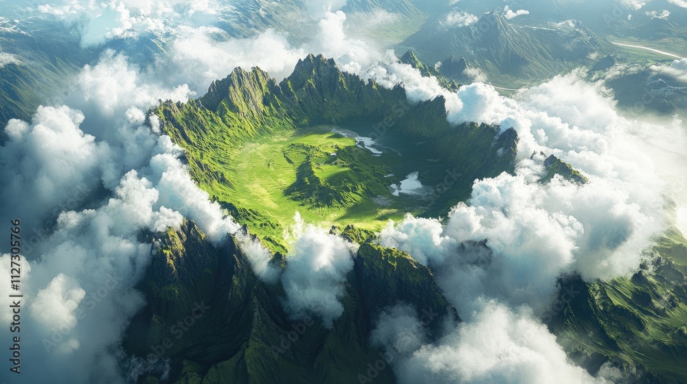 Aufkleber aerial view of a lush green mountain surrounded by a vast valley and dramatic clouds creating a pict